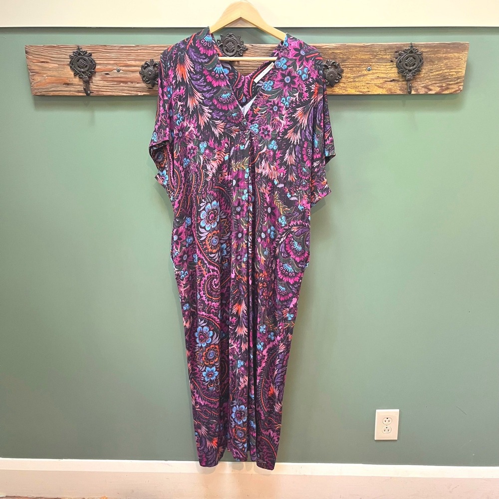 Peruvian Connection Purple Paisley Floral Viscose Maxi Dress Caftan M/L